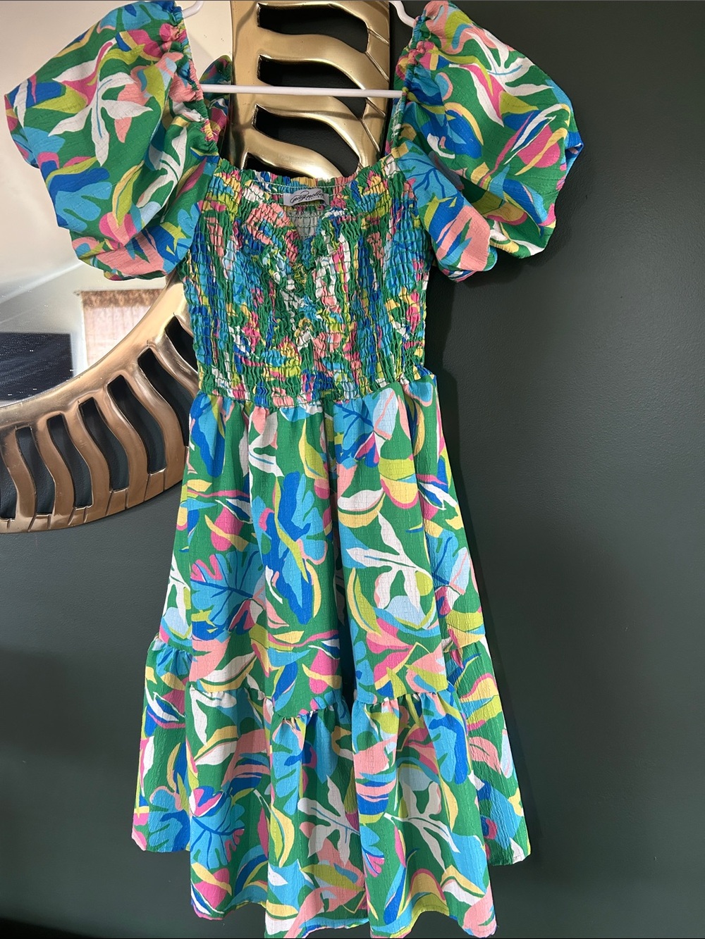 Green Floral Puff-Sleeve Casual Dress